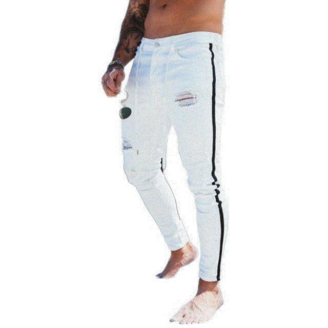 2021 High quality Men Biker Skinny Jeans Side Stripe Slim Fit Pencil Trousers Male Party Street Hip Hop Denim Pants