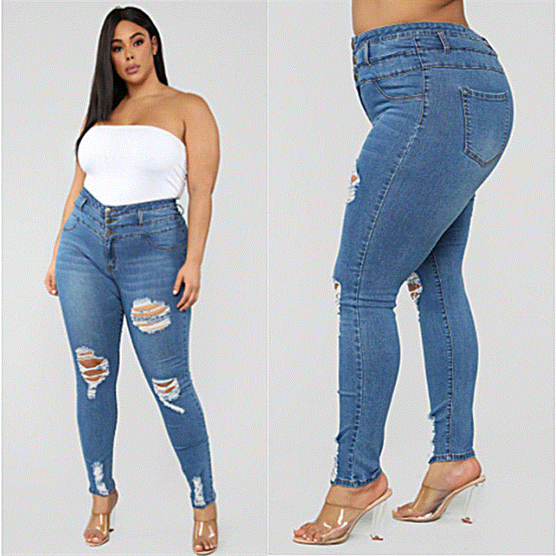 2021 High quality Plus size women's ripped jeans high waist skinny denim jeans casual pencil pants high quality