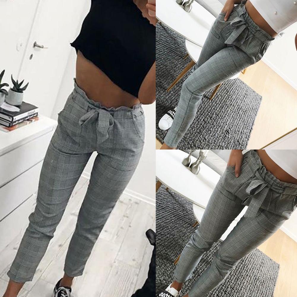 2021 High quality Women Fashion Plaid Pleated High Waist Skinny Pencil Pants Trousers with Sash Women's Clothing