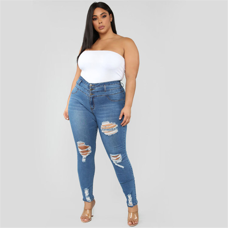 2021 High quality Plus size women's ripped jeans high waist skinny denim jeans casual pencil pants high quality
