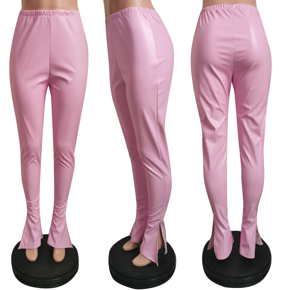 2021 High quality Sexy Leather Side Split Trumpet Pants Women Skinny Pencil Trousers Autumn New Fashion Solid Color