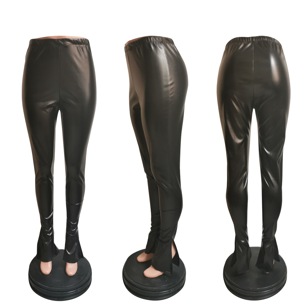2021 High quality Sexy Leather Side Split Trumpet Pants Women Skinny Pencil Trousers Autumn New Fashion Solid Color