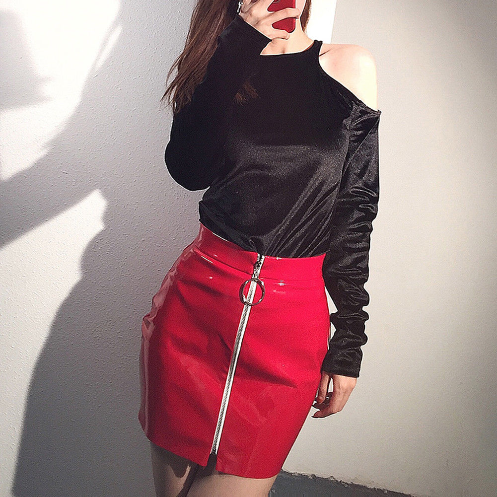 2021 High quality Women Fashion Sexy High Waist Circle Zipper Shiny Skirts PU Leather Mini Short Pencil Causal Skirt