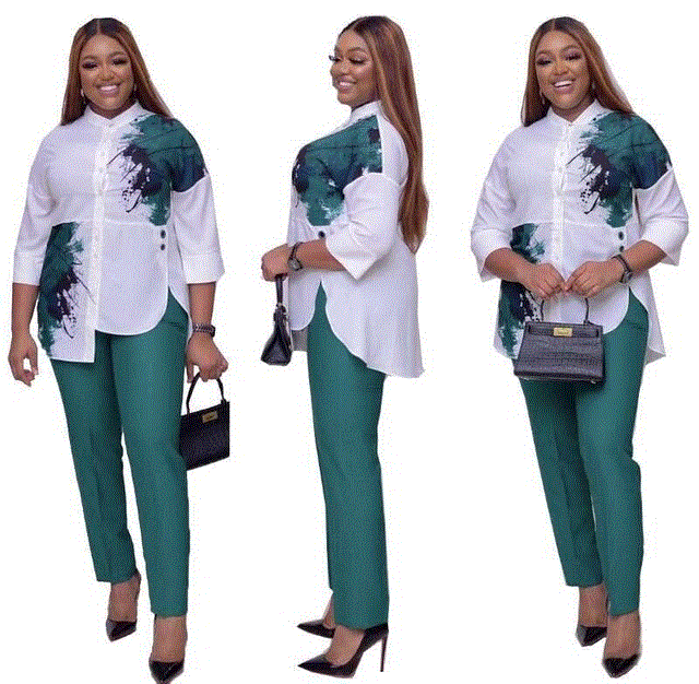 2021 High quality African Dresses for Women Top Pants Suit  Print Ladies Clothes Robe Africaine Fashion women Clothing