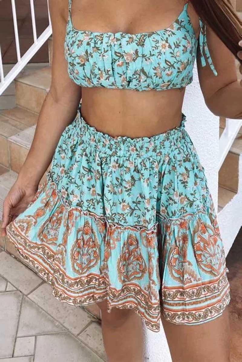 2021 High quality Women Boho Floral Print Skirts Fashion Summer  Spaghetti strap Cropped Top Mini Skirts Beachwear