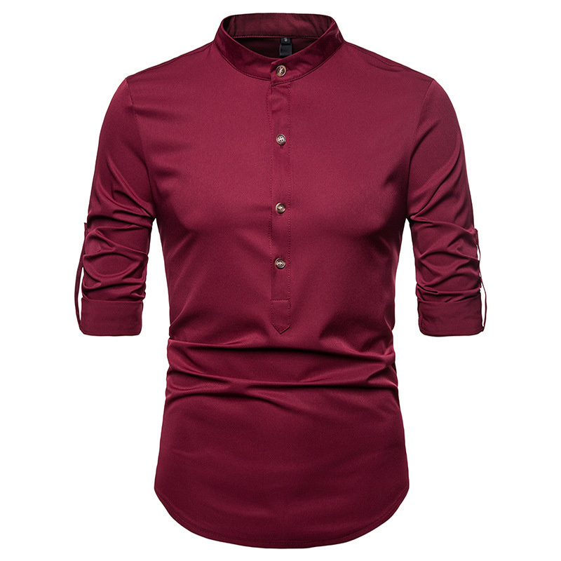 2021 High quality Men's Silk Satin Shirts Chinese Style Mandarin Collar Male Long Sleeve Shirts Men Slim Fit Shirts