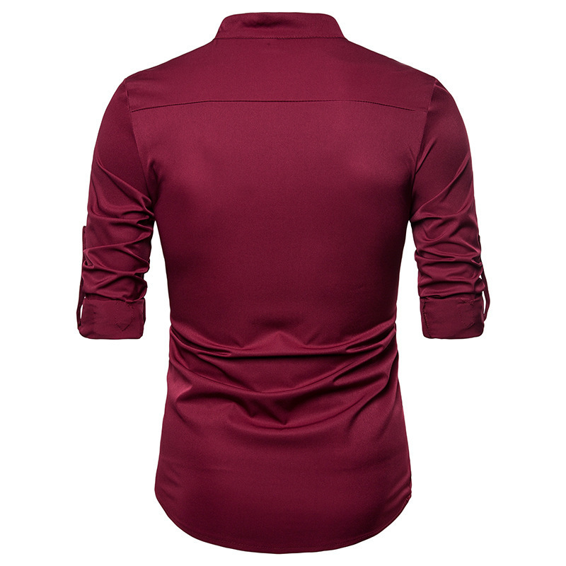 2021 High quality Men's Silk Satin Shirts Chinese Style Mandarin Collar Male Long Sleeve Shirts Men Slim Fit Shirts