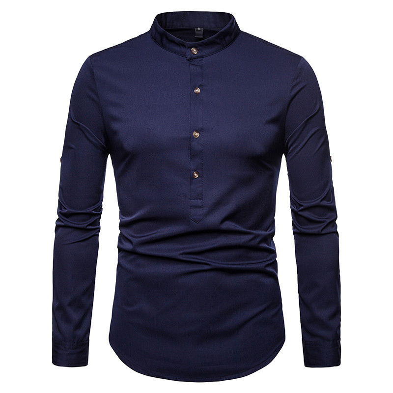2021 High quality Men's Silk Satin Shirts Chinese Style Mandarin Collar Male Long Sleeve Shirts Men Slim Fit Shirts