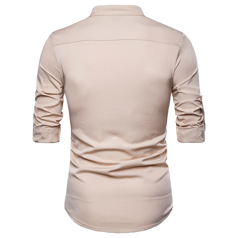 2021 High quality Men's Silk Satin Shirts Chinese Style Mandarin Collar Male Long Sleeve Shirts Men Slim Fit Shirts
