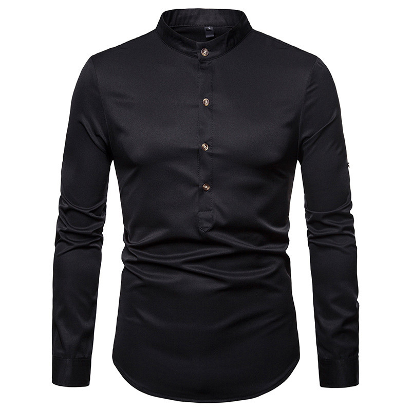 2021 High quality Men's Silk Satin Shirts Chinese Style Mandarin Collar Male Long Sleeve Shirts Men Slim Fit Shirts