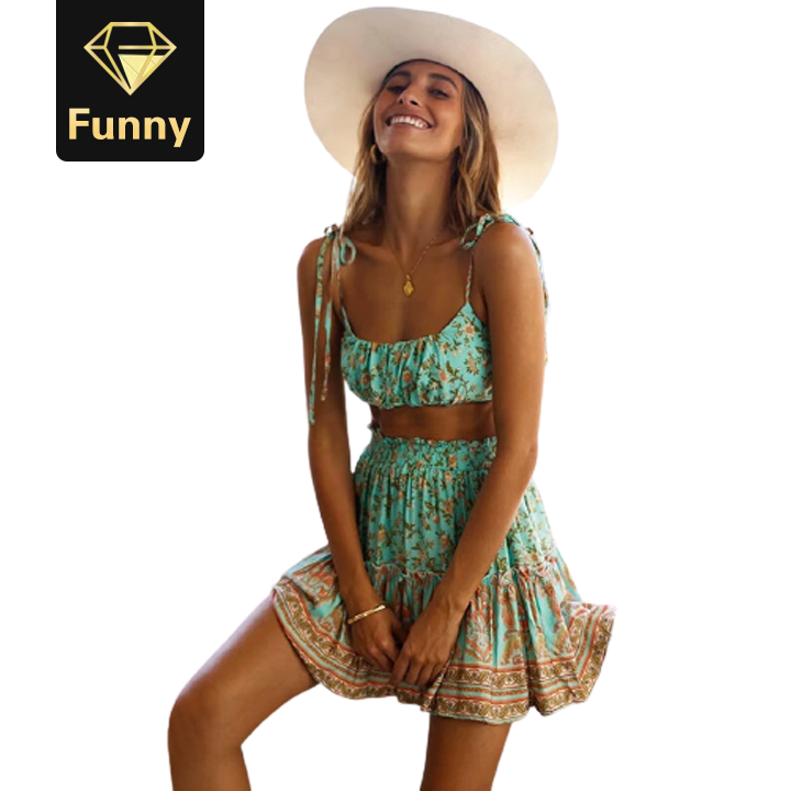 2021 High quality Women Boho Floral Print Skirts Fashion Summer  Spaghetti strap Cropped Top Mini Skirts Beachwear