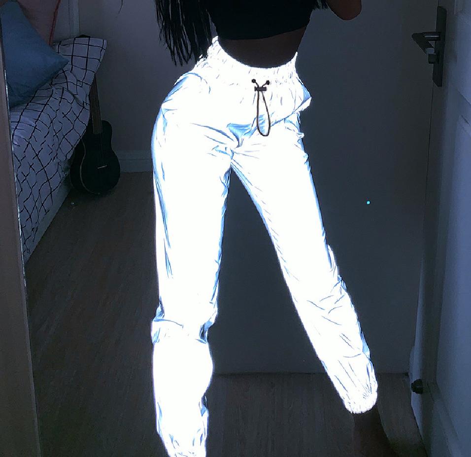 2021 High quality Women Sweatpant Flash Reflective Hip Hop Pants Fashion casual Streetwear Lacing pants Plus Size