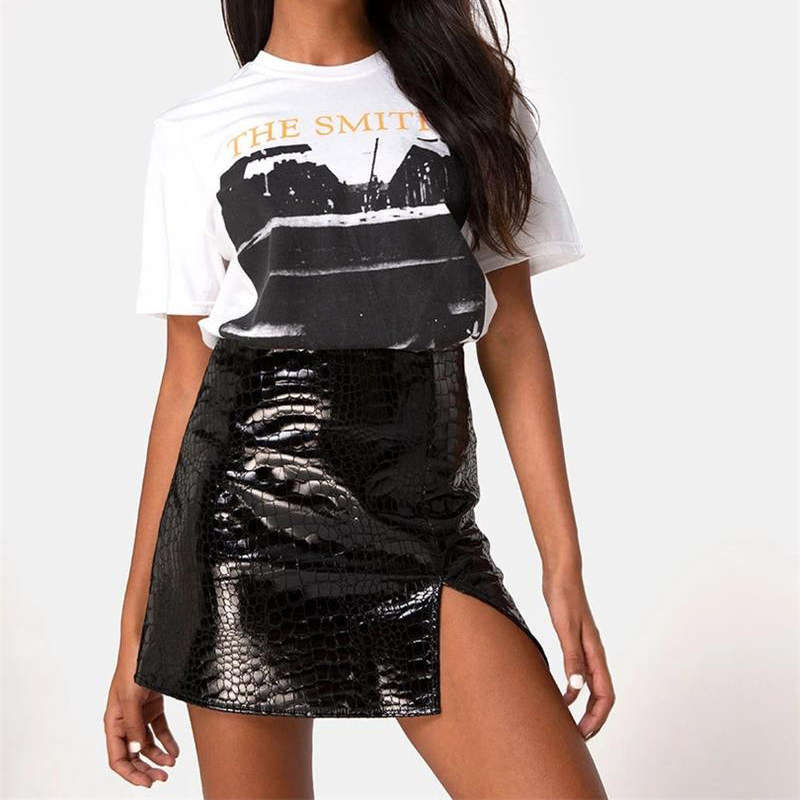 2021 High quality Summer Slit Hem Sexy Faux Leather Mini Skirts  Ladies Casual Women Office High Waist Pencil Skirts