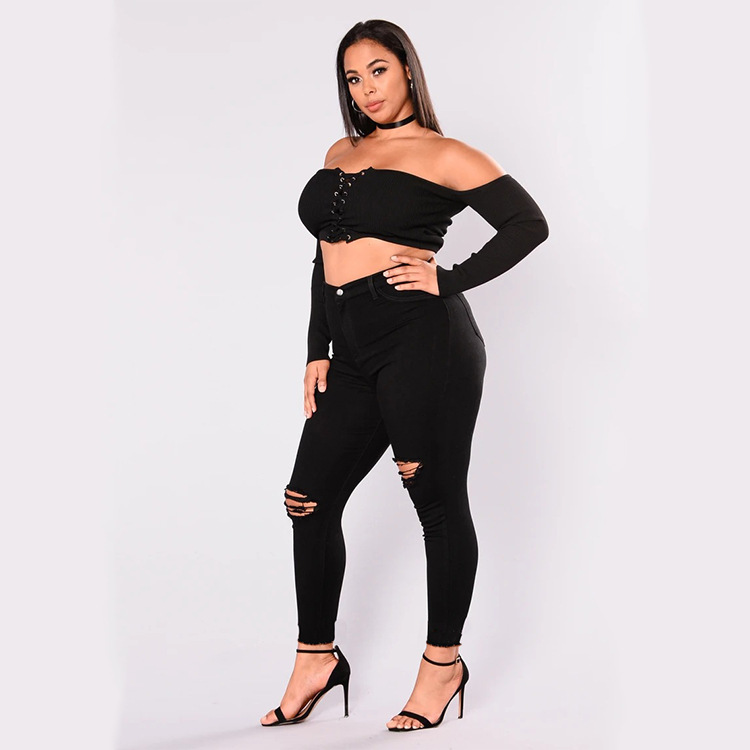 2021 High quality Ripped Jeans For Women Spring Fashion Broken Hole Denim Pants High Waist Pencil Trousers Plus Size