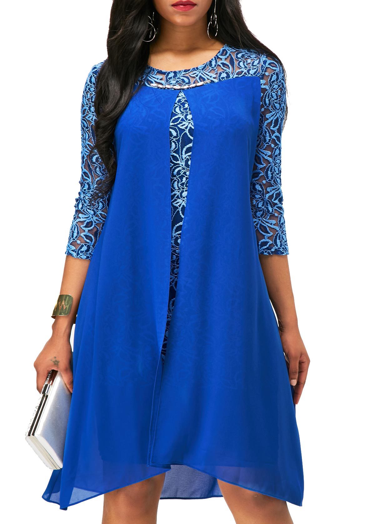 2021 High quality Women Dress Slim Chiffon Dress Autumn Lace Plus Size Dress Female Elegant 3/4 Sleeve dresses