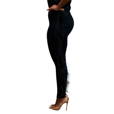 2021 High quality Autumn High Quality High Street Patchwork Tassel Casual Waist Braid Women Long Slim Pencil Trousers