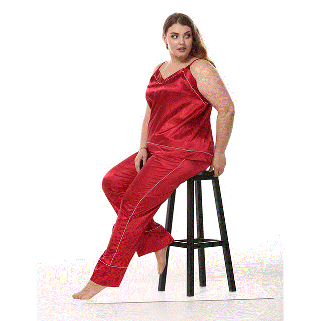 2021 High quality Lady Silk Pajama Sets Satin Silk Sling Top Long Pants Homewear V-Neck Casual Sleepwear Big Size
