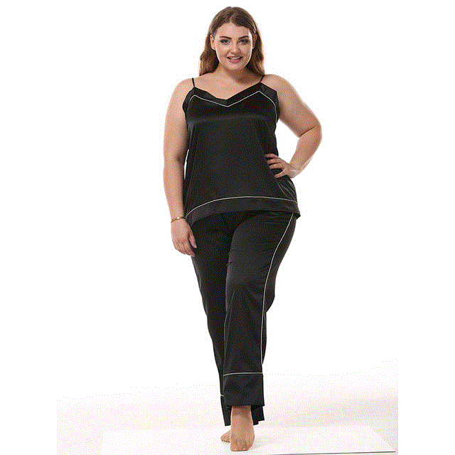2021 High quality Lady Silk Pajama Sets Satin Silk Sling Top Long Pants Homewear V-Neck Casual Sleepwear Big Size