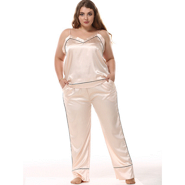 2021 High quality Lady Silk Pajama Sets Satin Silk Sling Top Long Pants Homewear V-Neck Casual Sleepwear Big Size