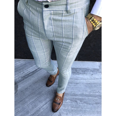 2021 High quality Formal Men Striped Slim Fit Business Pencil Pants Fashion Office Men Skinny Button Long Trousers