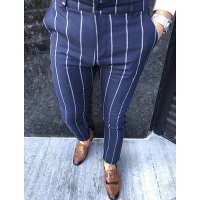 2021 High quality Formal Men Striped Slim Fit Business Pencil Pants Fashion Office Men Skinny Button Long Trousers