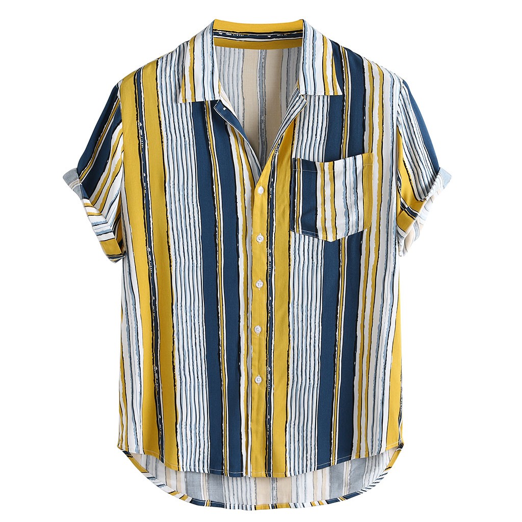 2021 High quality Summer Men Hawaiian Shirt Stripe Print Short Sleeve Turndown Collar Linen Streetwear Shirt Men Tops