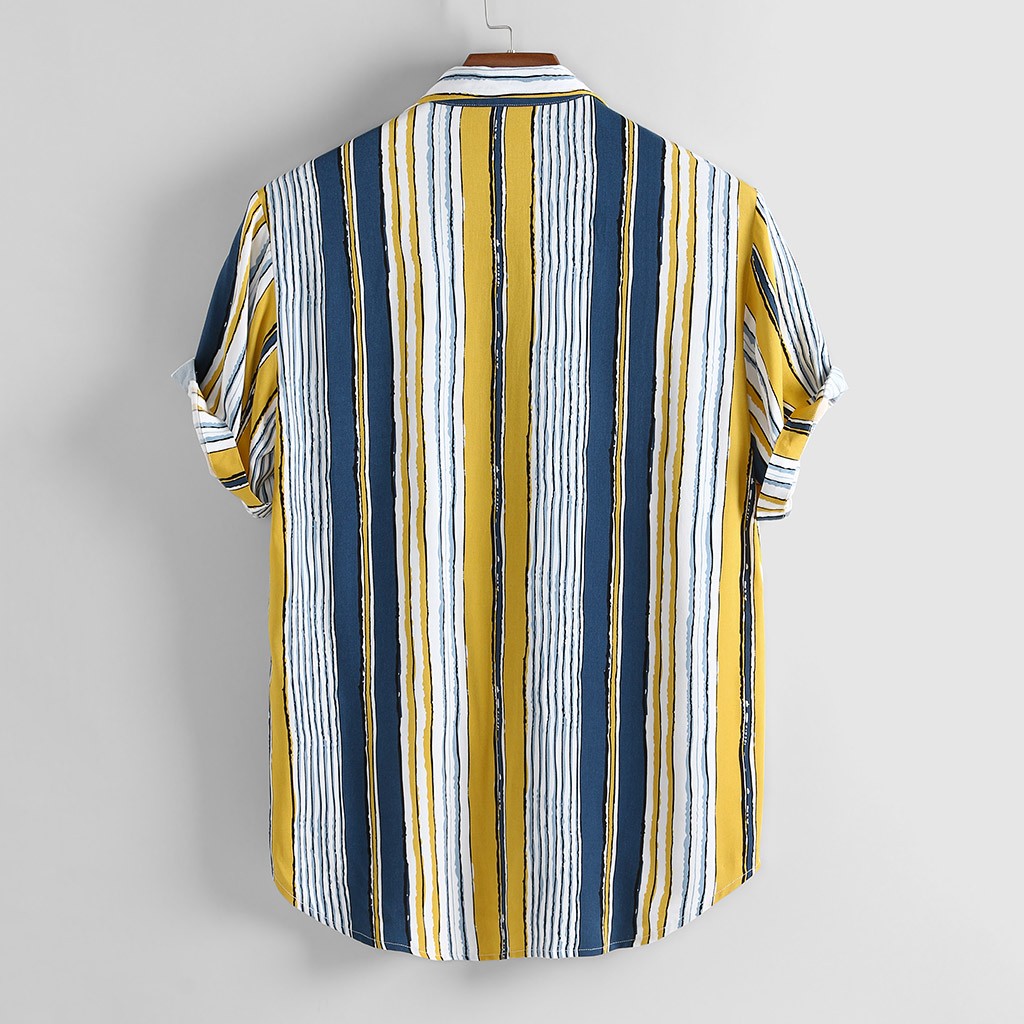 2021 High quality Summer Men Hawaiian Shirt Stripe Print Short Sleeve Turndown Collar Linen Streetwear Shirt Men Tops