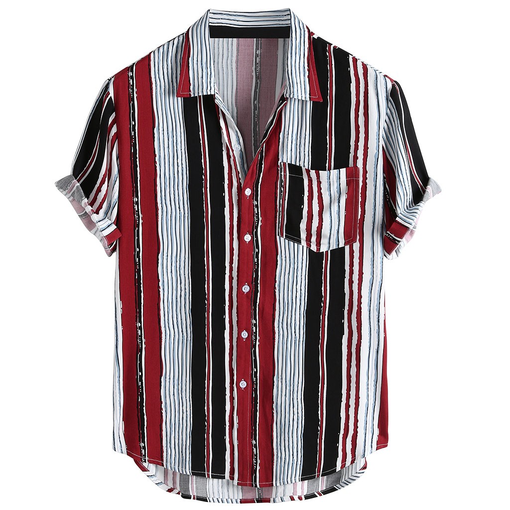 2021 High quality Summer Men Hawaiian Shirt Stripe Print Short Sleeve Turndown Collar Linen Streetwear Shirt Men Tops