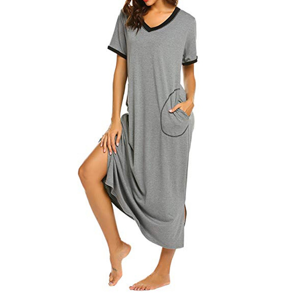 2021 High quality Women Summer Dress Nightshirt Short Sleeve Soft Nightgown with Pocket Casual Sleepwear Female Dress