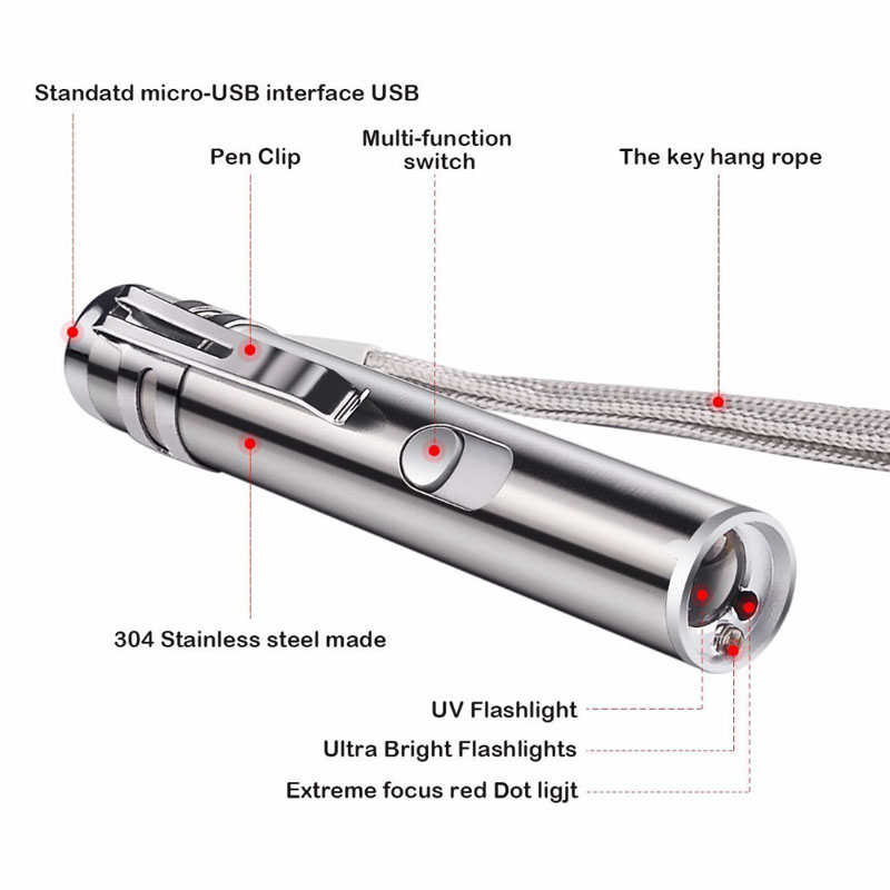 USB Charging LED Laser Pointer 7 in 1 Red UV Torch Flashlight Pen Cat Dog Chase Laser Pointer Tool