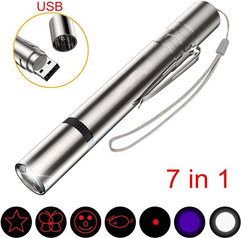 USB Charging LED Laser Pointer 7 in 1 Red UV Torch Flashlight Pen Cat Dog Chase Laser Pointer Tool