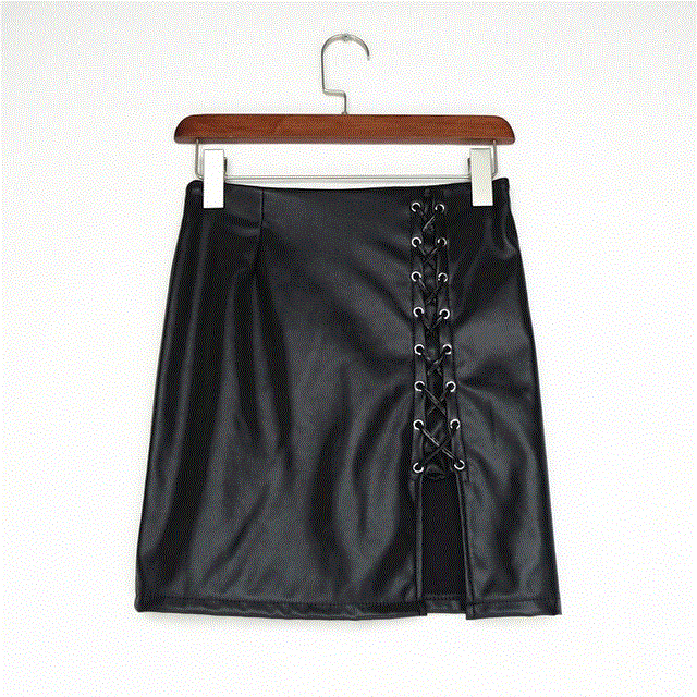2021 High quality PU Leather Skirts Womens Side Split Bandage Pencil Skirts Vintage High Waist Skirt