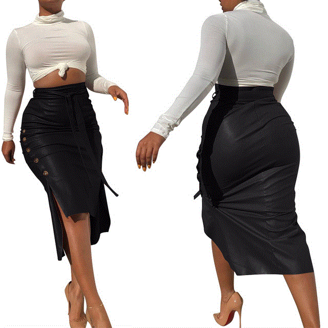 2021 High quality single breasted design high waist pu leather skirt  lady high waist pencil skirt