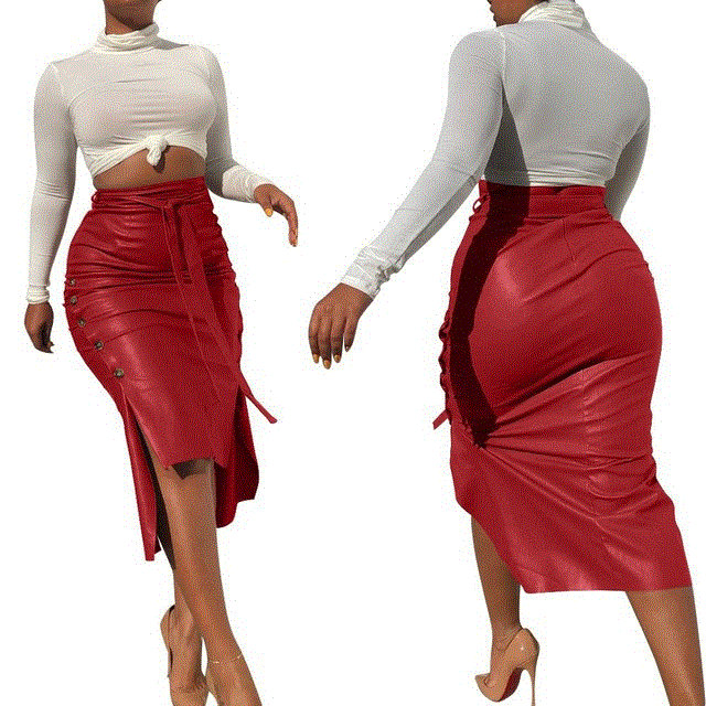 2021 High quality single breasted design high waist pu leather skirt  lady high waist pencil skirt