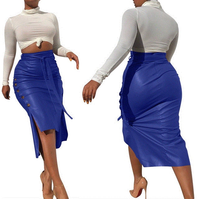 2021 High quality single breasted design high waist pu leather skirt  lady high waist pencil skirt