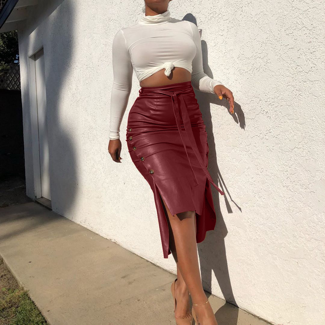2021 High quality single breasted design high waist pu leather skirt  lady high waist pencil skirt
