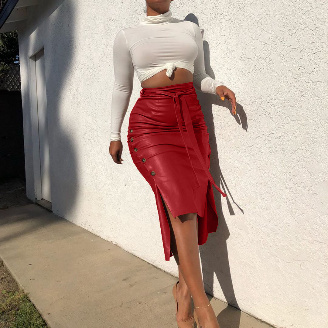 2021 High quality single breasted design high waist pu leather skirt  lady high waist pencil skirt