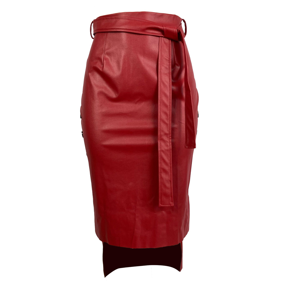 2021 High quality single breasted design high waist pu leather skirt  lady high waist pencil skirt