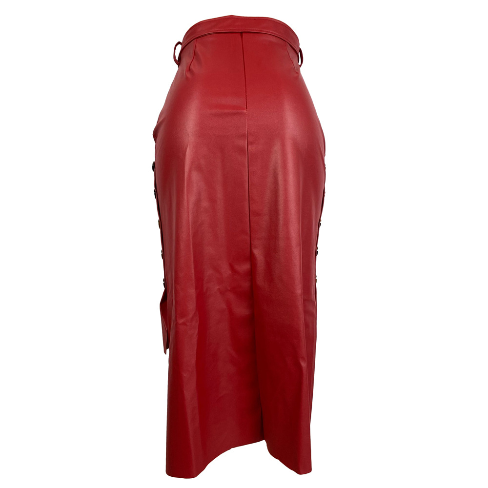 2021 High quality single breasted design high waist pu leather skirt  lady high waist pencil skirt