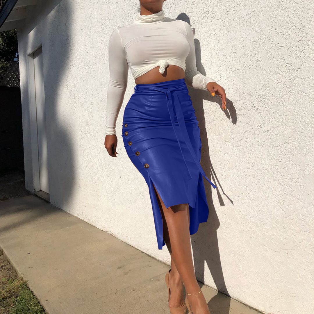 2021 High quality single breasted design high waist pu leather skirt  lady high waist pencil skirt
