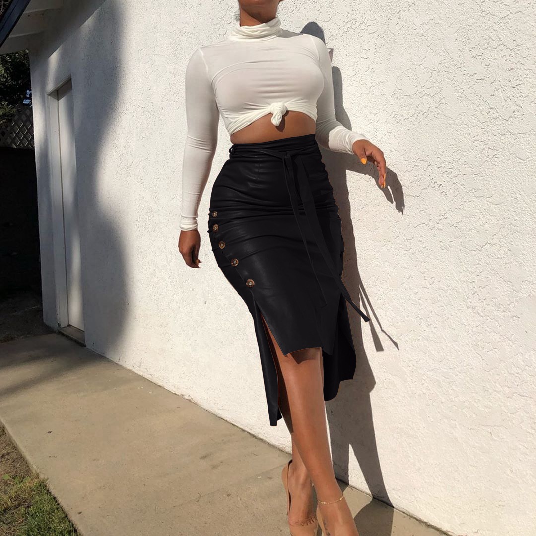 2021 High quality single breasted design high waist pu leather skirt  lady high waist pencil skirt