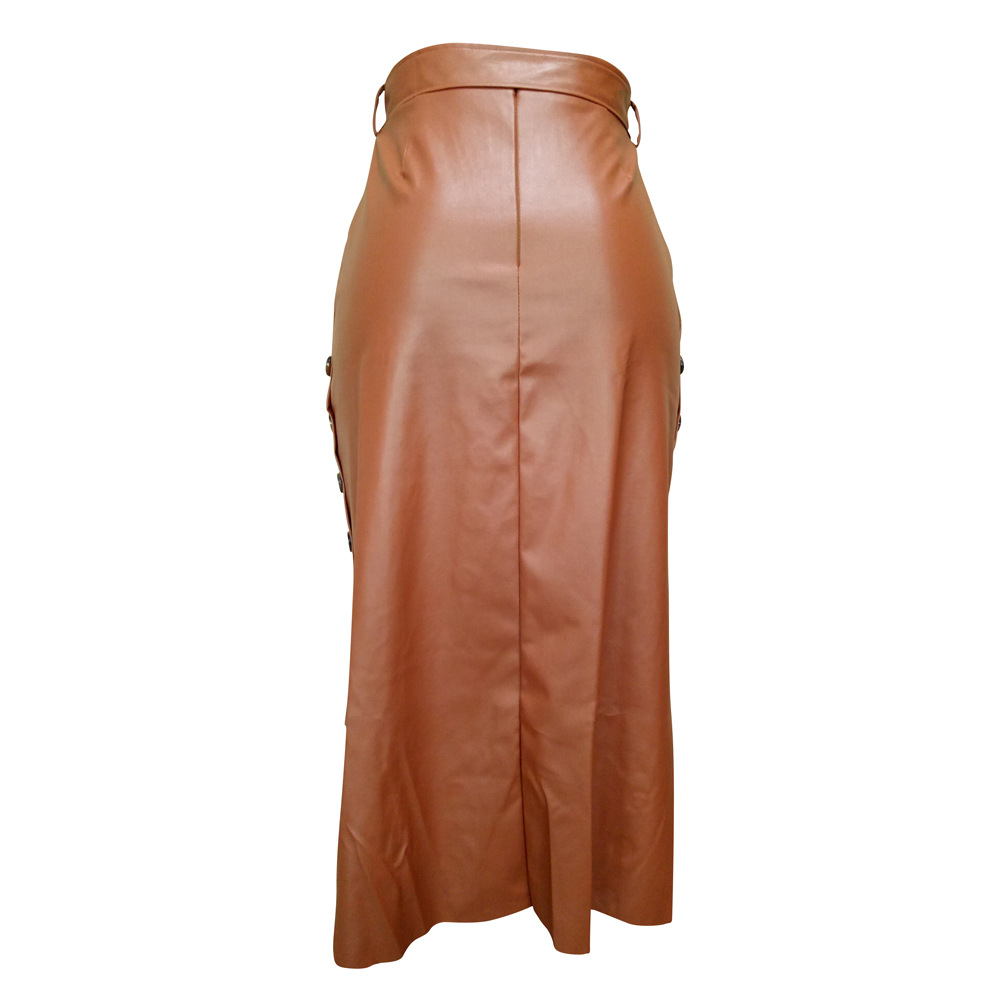 2021 High quality single breasted design high waist pu leather skirt  lady high waist pencil skirt