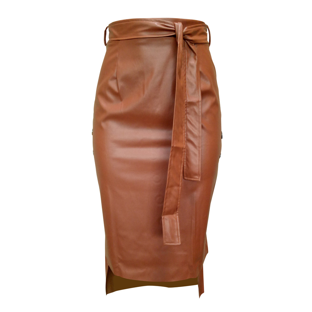 2021 High quality single breasted design high waist pu leather skirt  lady high waist pencil skirt