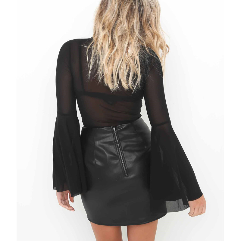 2021 High quality Sexy cross pencil skirt Women elegant short skirt PU leather casual slit high waisted skirt