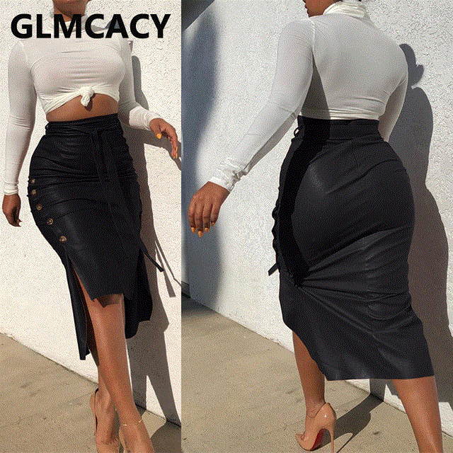 2021 High quality Fashion Women High Waist Bodycon Belt PU Skirts Slit Sexy Club Streetwear Pencil  Leather Skirts