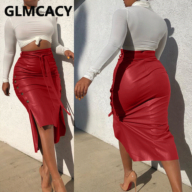 2021 High quality Fashion Women High Waist Bodycon Belt PU Skirts Slit Sexy Club Streetwear Pencil  Leather Skirts
