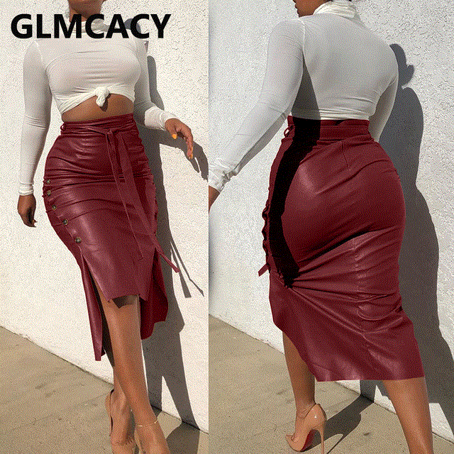 2021 High quality Fashion Women High Waist Bodycon Belt PU Skirts Slit Sexy Club Streetwear Pencil  Leather Skirts