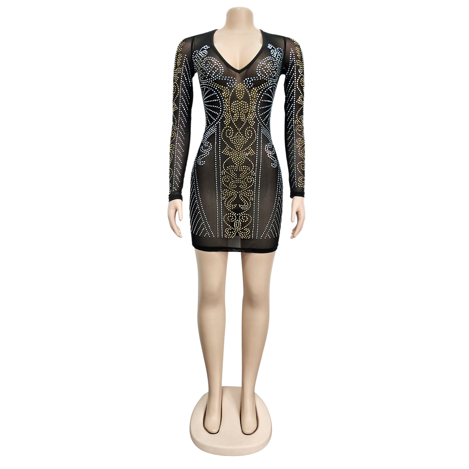 2021 High quality Fashion Women Sexy Glitter Crystal Mini Bodycon Dress See Through Studded Party Club Dresses Outfits