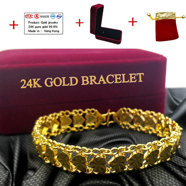 24K Pure Gold Women's Wide Bracelet Heart Design Bracelet Set