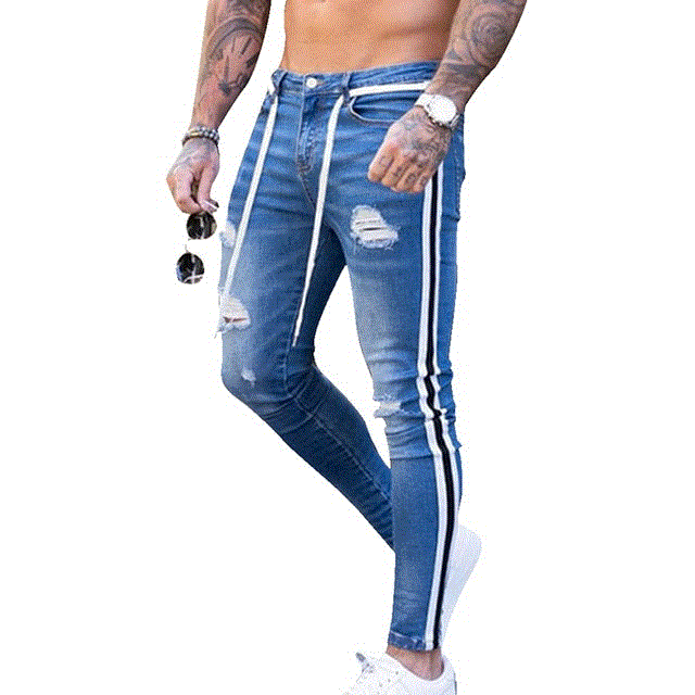Men Skinny Jeans Frayed Fit Denim Ripped Denim Pants Side Stripe Pencil Pants